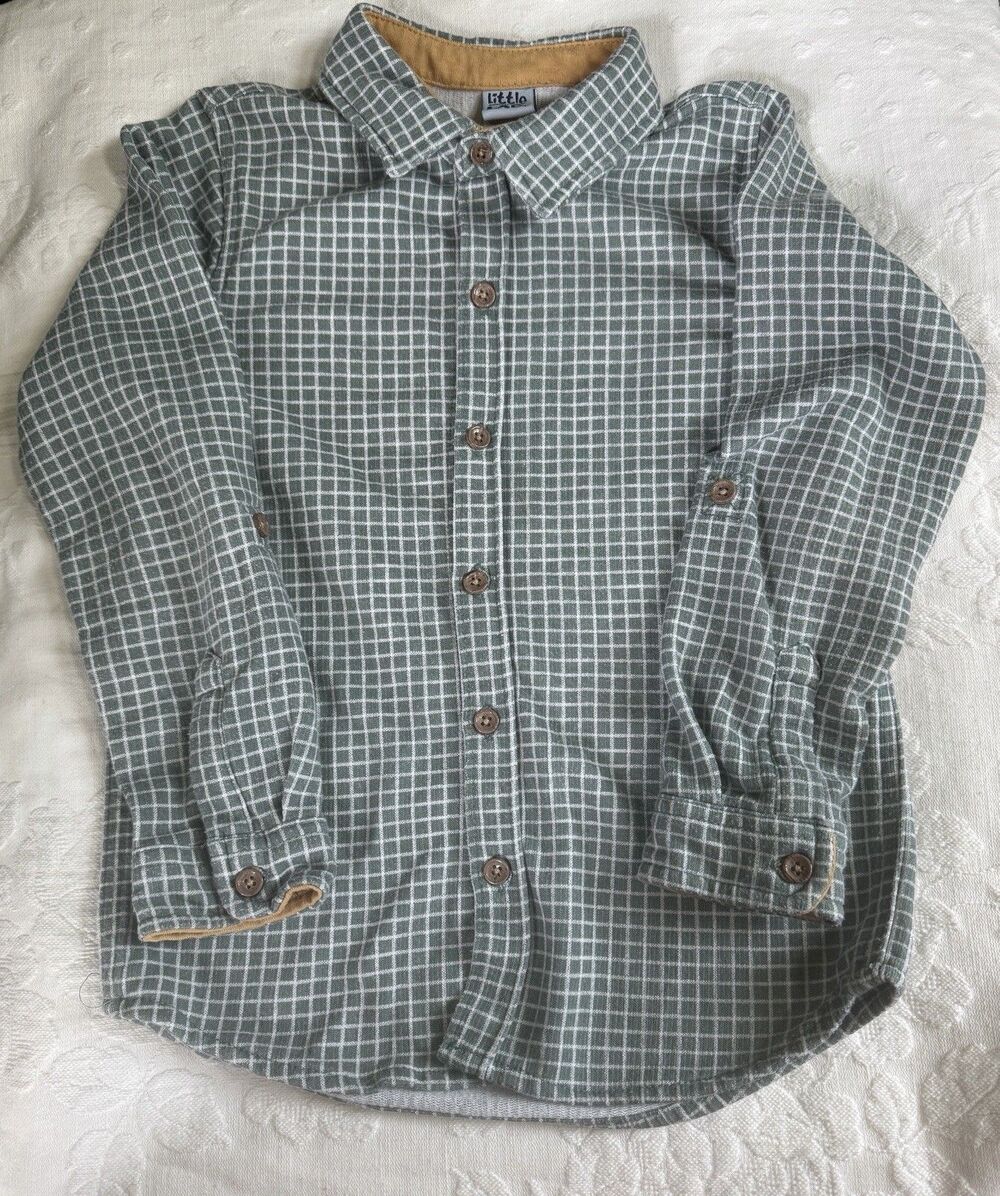Little Lad Boys Size 6 Green/White Plaid Button-Up Shirt Pockets EUC